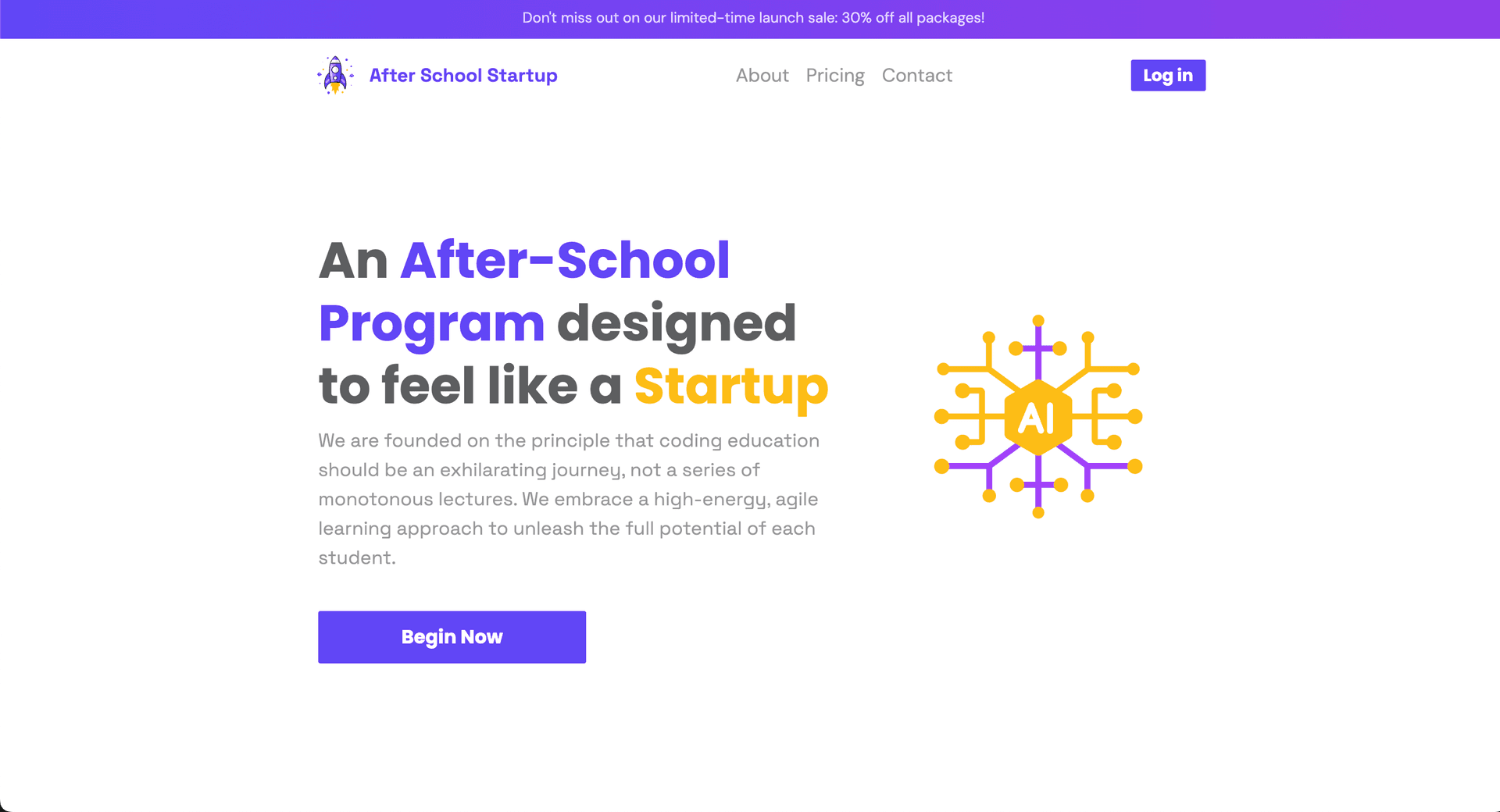 After School Startup landing page